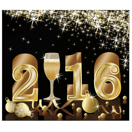 Happy New year 2016. golden card with champagne, vector illustrationのイラスト素材