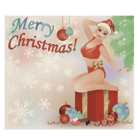 Merry Christmas pinup blonde santa girl postcard, vector illustrationのイラスト素材