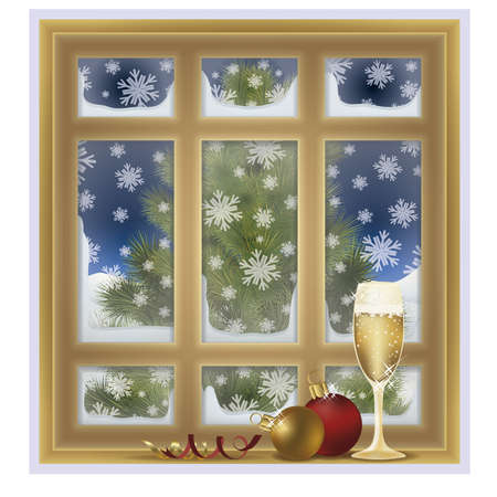 Frosted window and champagne, winter background, vector illustrationのイラスト素材