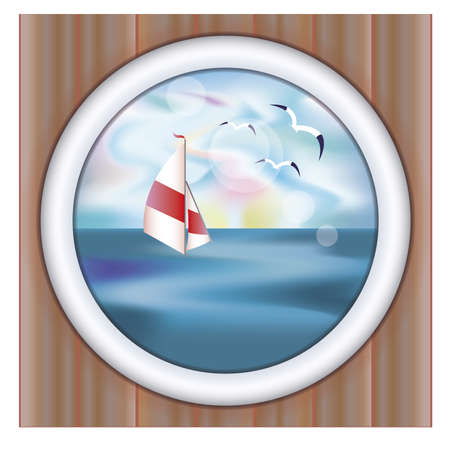 Underwater ship porthole wallpaper with yachtのイラスト素材
