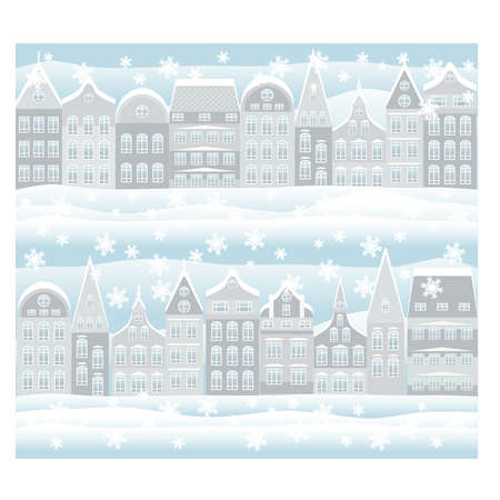 Seamless pattern. Merry Christmas and New Year holidays card with snowy city, vector illustrationのイラスト素材