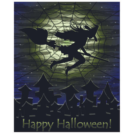 Happy Halloween card with young witch, vector illustrationのイラスト素材