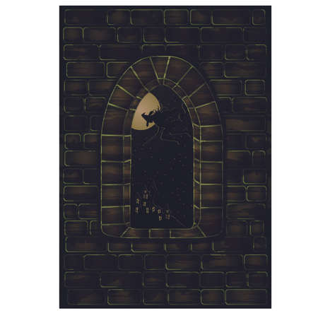 Medieval window and witch. Happy halloween card, vector illustrationのイラスト素材