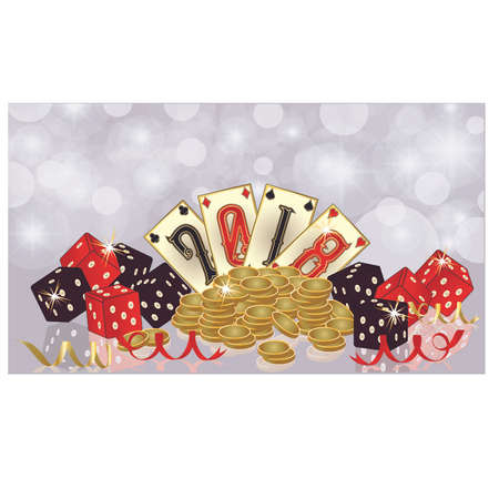 Dice and chips with numbers printed on a playing card in a glittering background. Casino New 2018 year invitation banner, vectorのイラスト素材