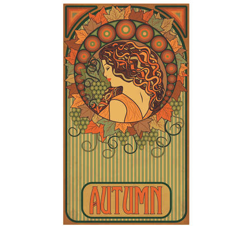 Autumn girl, floral banner in art nouveau style, vector illustration.のイラスト素材