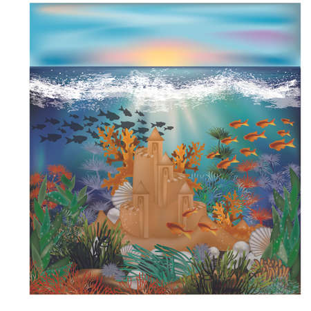 Underwater tropical wallpaper with sand castleのイラスト素材