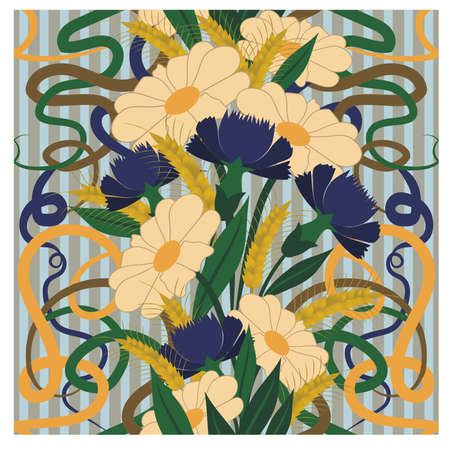 Seamless wallpaper with camomile and cornflower in art nouveau style, vector illustration.のイラスト素材