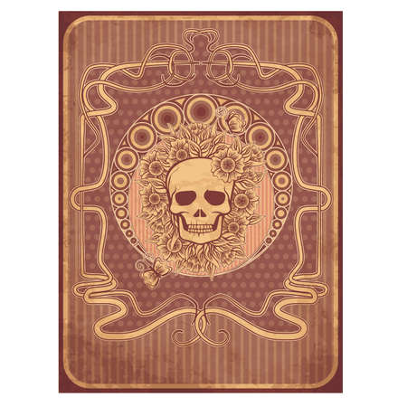 Invitation card with skull and flowers in art nouveau style, vector illustrationのイラスト素材