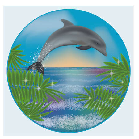 Underwater sunrise card with dolphin and palm, vector illustrationのイラスト素材