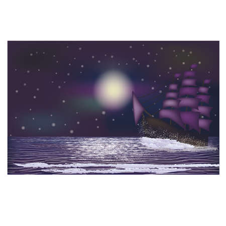 Tropical night card with sailing vessel, vector illustrationのイラスト素材