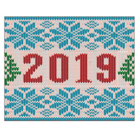 Happy 2019 New Year wallpaper, knitted texture, vector illustrationのイラスト素材