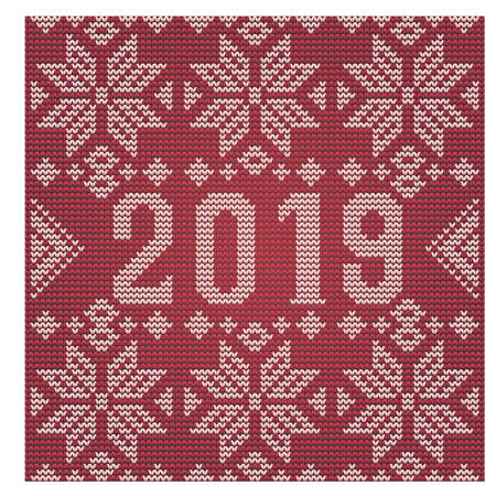 Happy 2019 New Year card, knitted texture, vector illustrationのイラスト素材