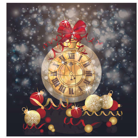 Merry Christmas & New Year gift card with xmas clock, vector illustrationのイラスト素材