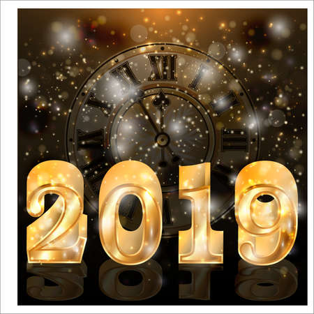 Happy new year 2019 golden card with xmas clock, vector illustrationのイラスト素材