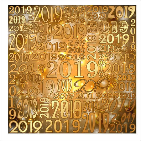 Happy New Year 2019 golden card, vector illustration