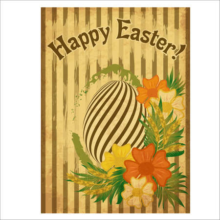 Vintage Happy Easter greeting card with egg and wheat ears, vector illustrationのイラスト素材