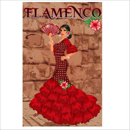Spanish flamenco girl with a fan, greeting card vector illustrationのイラスト素材