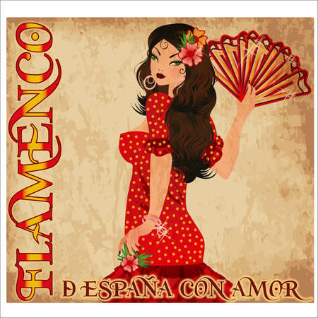 Flamenco party wallpaper with spanish girl and fan, vector illustrationのイラスト素材