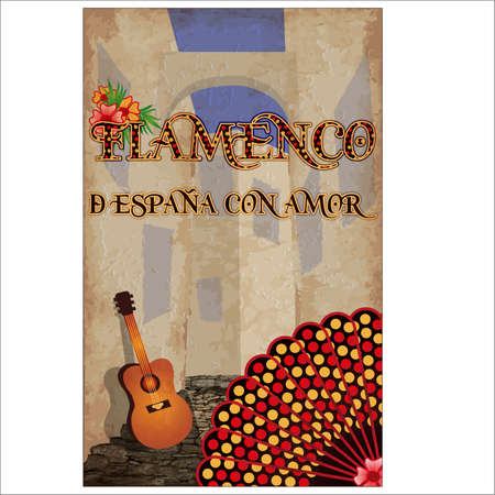 Flamenco. From Spain with love. Greeting postcard with spanish guitar and flamenco fan, vector illustrationのイラスト素材
