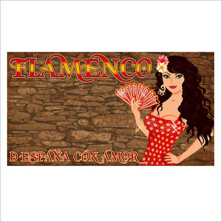 Flamenco.Translation is From Spain with Love. Elegant spanish girl with fan. Festival card. vector illustrationのイラスト素材