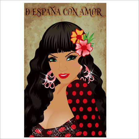 Flamenco.Translation is From Spain with Love. Elegant spanish girl. Festival card. vector illustrationのイラスト素材
