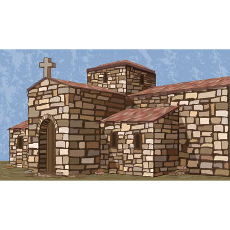 Ancient stone spanish church in visigothic style. Invitation background. vector illustrationのイラスト素材