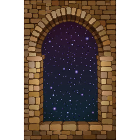 View from the old arched stone window, vector illustrationのイラスト素材