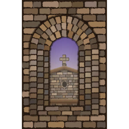 View from the old arched stone window of the medieval spanish church in visigothic style, vector illustrationのイラスト素材