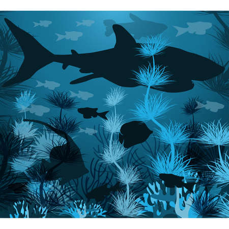 Underwater background with tropical fish and shark, vector illustrationのイラスト素材