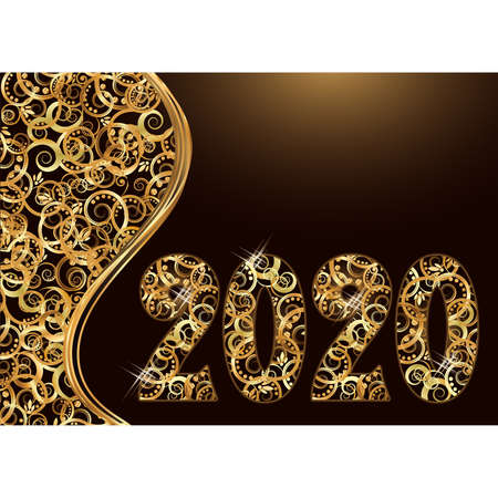 Happy 2020 new year, Christmas black gold background. Vector illustration