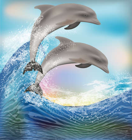 Ocean wave  wallpaper with two dolphins, vector illustrationのイラスト素材