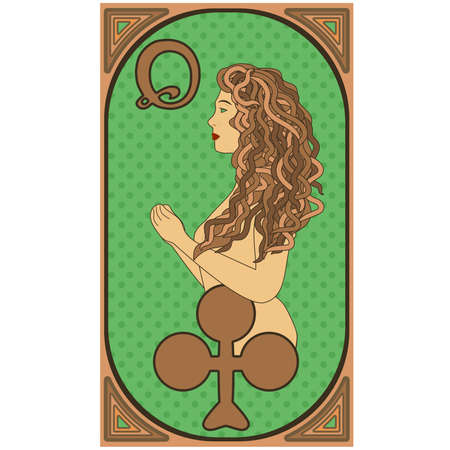 Art nouveau queen clubs  poker card, vector illustrationのイラスト素材