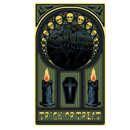 Art nouveau halloween card with skulls, candles and coffin, vector illustrationのイラスト素材