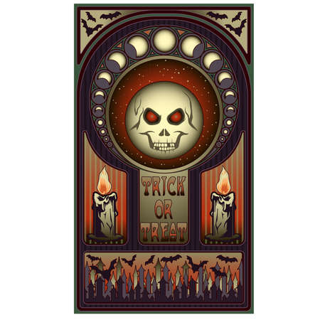 Art nouveau halloween card, full moon skull, vector illustrationのイラスト素材