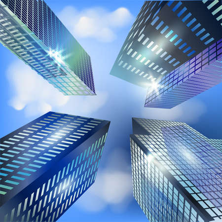 Abstract futuristic modern corporate buildings down perspective view from street level, vector illustration.のイラスト素材