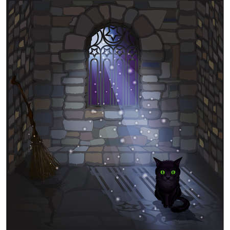 Happy Halloween card with black cat and witch broom, vector illustrationのイラスト素材