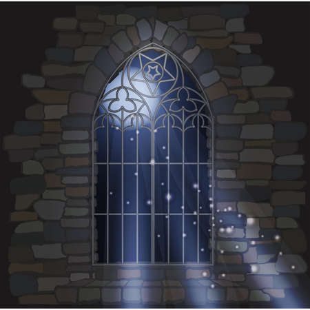 Ornate gothic window a stone house. Magic moonlight wallpaper. vector illustration