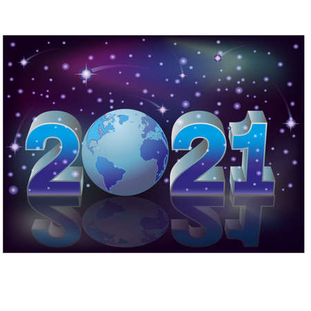 Happy New 2021 Year banner with night sky and planet , vector illustrationのイラスト素材