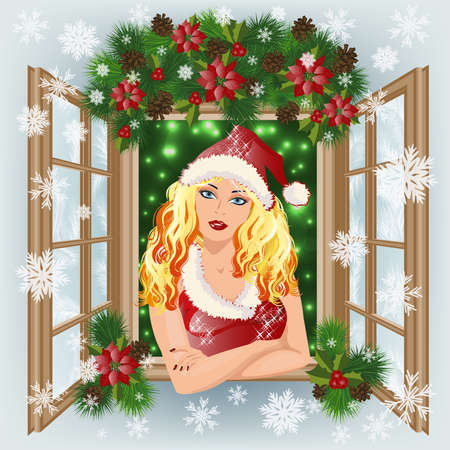 Winter window with sexy Santa Claus girl and xmas tree. vector illustrationのイラスト素材