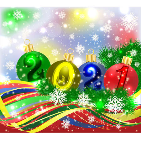 Happy New 2021 year Merry Christmas wallpaper with xmas balls, vector illustrationのイラスト素材
