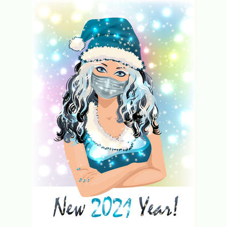 Happy New 2021 year Santa claus girl with medical mask, vector illustrationのイラスト素材