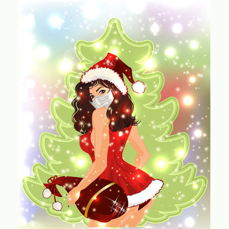 Happy new 2021 Year invitation Santa Claus girl with medical mask and gift bag, vector illustrationのイラスト素材