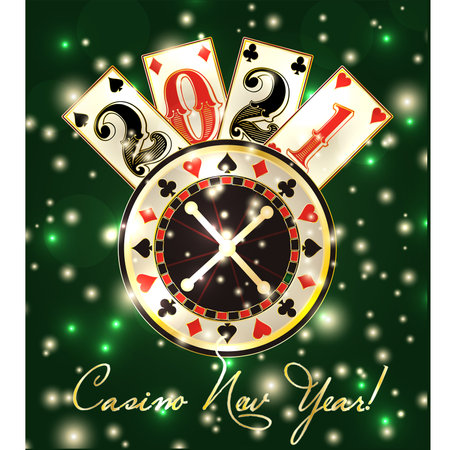 Casino 2021 new year. with poker cards and roulette. vector illustrationのイラスト素材