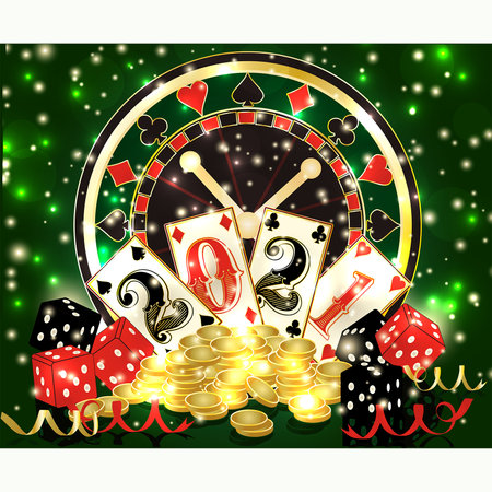 Casino 2021 new year vip greeting wallpaper with poker cards, roulette, golden coins, game dice. vector illustrationのイラスト素材