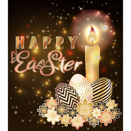 Happy Easter invitation card with golden eggs and candle, vector illustrationのイラスト素材
