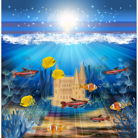 Underwater card with sand castle, vector illustrationのイラスト素材