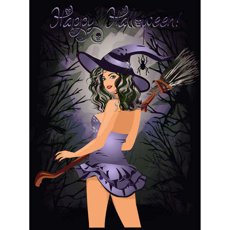 Happy halloween card with beautiful sensual witch, vector illustrationのイラスト素材