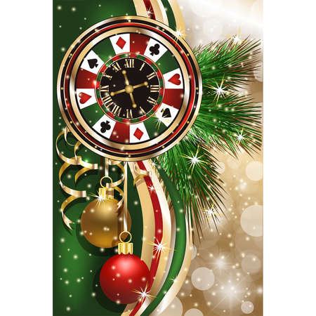 New 2022 year, Christmas Casino banner with poker roulette and xmas ball, vector illustrationのイラスト素材