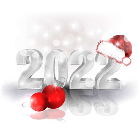 Happy 2022 new year invitation card with Santa hat and xmas balls, vector illustrationのイラスト素材