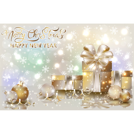Merry Christmas, New year wallpaper with golden xmas gift box, vector illustrationのイラスト素材